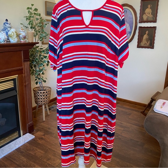 Dressbarn • Comfy Red White Blue Striped Tie-Sleeve Midi Dress • Plus 2X • NWT - Picture 1 of 7